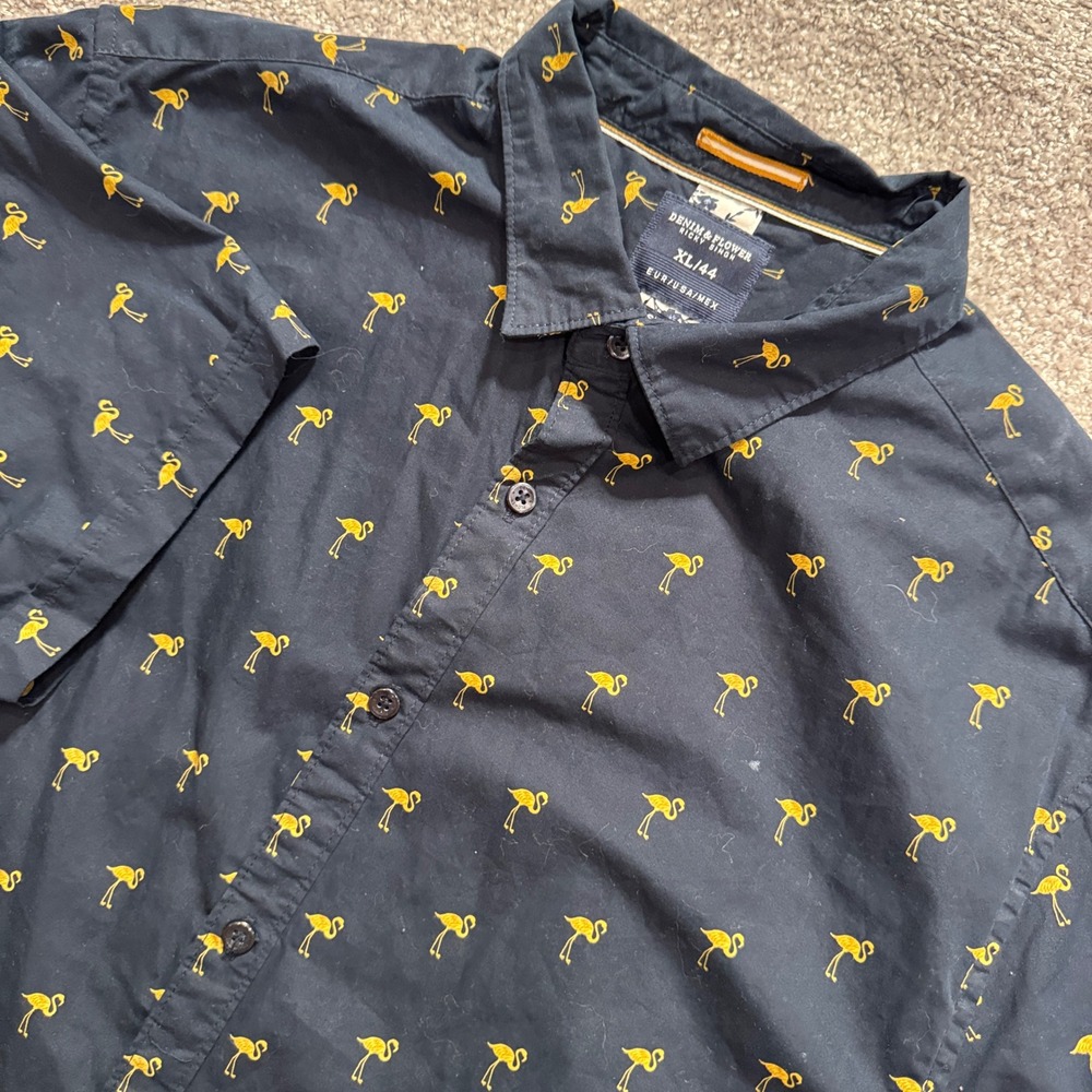 Denim & Flower Shirt Mens XL Navy Yellow Flamingo Cotton Slim Fit Tropical Beach